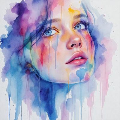The primary subject of the image is a woman's face, which is the main focus of the image. The setting is a watercolor painting, giving the image a vibrant and artistic visual style. The colors and mood of the image are predominantly blue and purple, creating a serene and calming atmosphere.